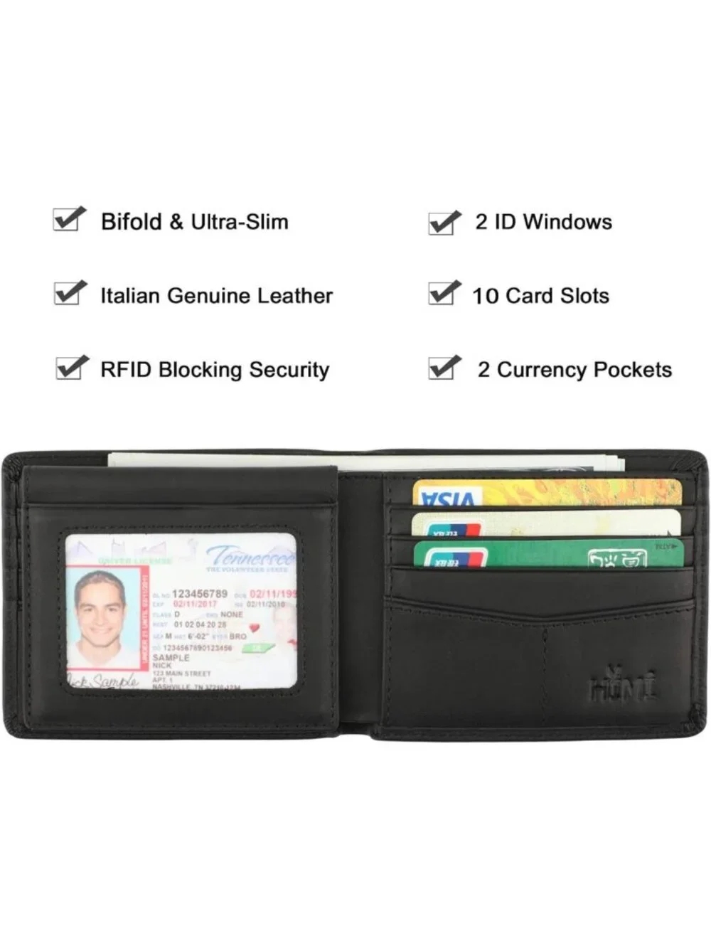 Genuine Leather RFID Blocking Bifold Wallet for Men with 2 ID Windows - Stylish